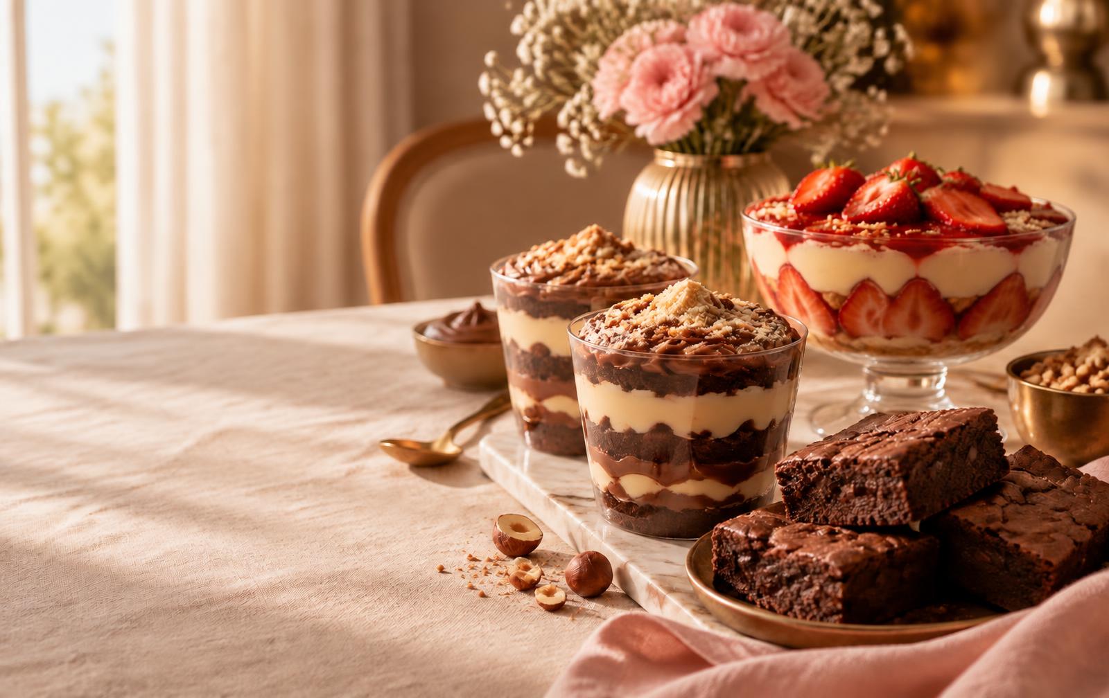 Copos da felicidade, brownies e travessa de morango sobre mesa com flores